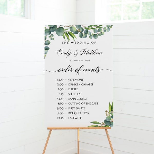 Order of events sign template, Greenery order of events sign, Eucalyptus wedding stationery #EUC020