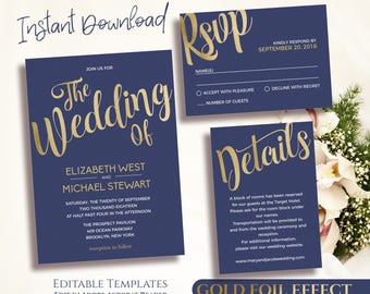 Navy Gold Wedding Invitation Template Printable Gold and Navy Invitation Set, Gold Foil Printable, Navy Gold Invitations Instant Download