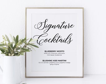 Signature Cocktails bearbeitbares und druckbares Schild, Hochzeit minimalistisches Schild #MNM020BND