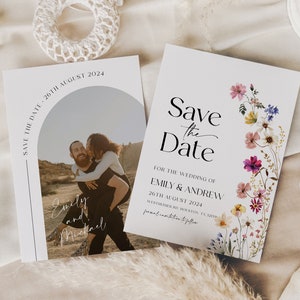 Wedding Save The Date Invitation, Floral Save the Date, Wildflower Save the Date template with photo #Petra