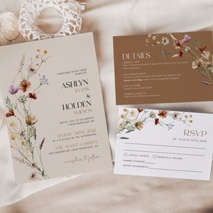 Elegant Floral Wedding Invitation, Beige Wedding Invitation Suite, Boho wedding Invitation set, Invitation template Mila image 1
