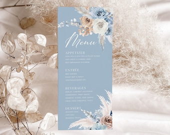 Menu template, Blue menu cards, Dusty Blue wedding menu template with floral and pampas #Dusty