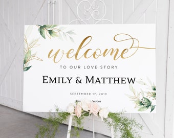 Welcome sign Wedding, Welcome sign Greenery, Bohemian Welcome sign, Greenery Wedding, Welcome Sign gold, Welcome Sign template