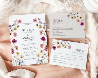 Watercolor Floral Wedding Invitation, Wedding invitation template, Spring Summer wildflower wedding invitation set #Petra