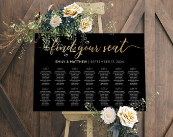 Wedding Seating Chart, Black and gold seating chart template, Wedding seating plan sign #bgd019