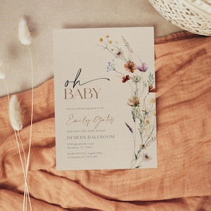 Oh Baby Invitation, Baby Shower Invitation template, Beige Baby Shower Invitation, Wildflower Boho Baby shower Invitation Mila image 1