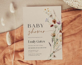 Boho Baby Shower Invitation, Beige Baby Shower Invitation Template, Wildflower Boho Beige Baby Shower Stationery #Mila