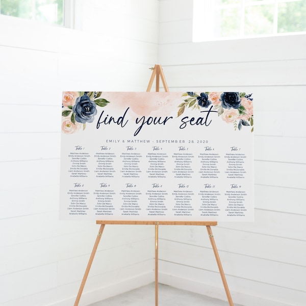 Seating chart wedding, Navy and blush seating chart template with watercolor flowers and floral, Seating chart sign #NVB020WBD