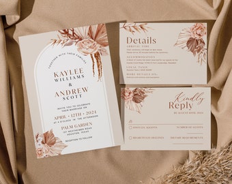 Arch Wedding invitation template, Beige Arch wedding invitation, Beige wedding invitation set, Instant access, Digital templates