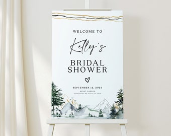 Bridal shower Welcome sign, Bridal shower sign, Mountains and pine forest theme with gold, Welcome sign template #MNT022VSD