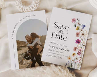 Wedding Save The Date Invitation, Floral Save the Date, Wildflower Save the Date template with photo #Petra