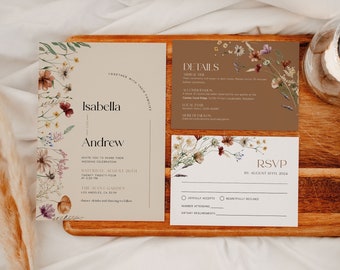 Beige Wedding Invitation, Wildflower Wedding invitation set, Floral Wedding Invitation, Digital wedding invitation template #Mila