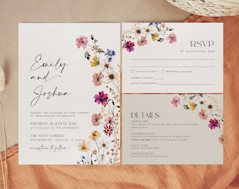 Floral Wedding Invitation, Wildflower Wedding invitation, Colorful Floral and Flower Wedding Invitation set templates #Petra