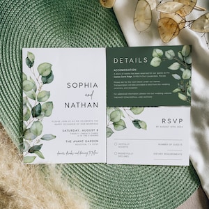 Elegant wedding invitation set featuring eucalyptus greenery and classics font, Invitation template, DIY wedding invitations #green022