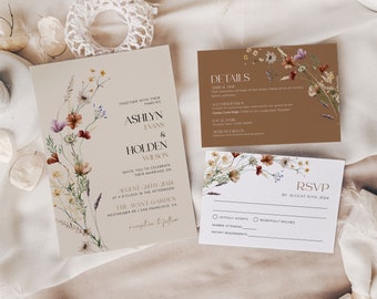 Elegant Floral Wedding Invitation, Beige Wedding Invitation Suite, Boho wedding Invitation set, Invitation template #Mila
