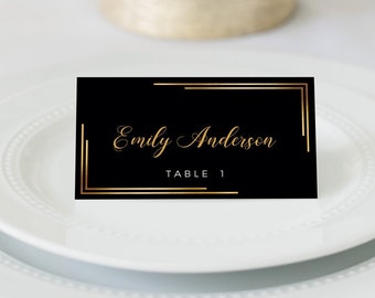 Black Watercolor Editable Name Cards Minimal BD119 Printable Modern Wedding Gold /& Black Wedding Place Cards Template Instant Download
