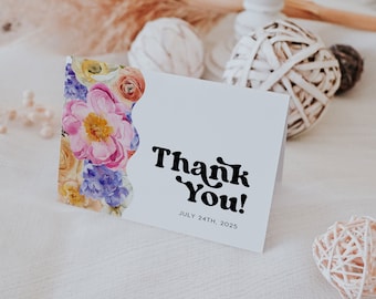 Modèle de carte de remerciement, carte de remerciement de douche nuptiale rétro, fleurs colorées # RTR01