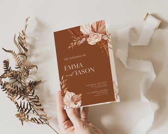Wedding Booklet template, Program booklet template, Terracotta wedding program with floral, flowers and pampas #terrafl