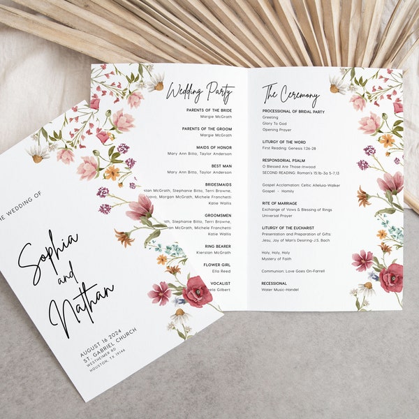 Wedding Booklet Program, Wedding Booklet template, Wedding Ceremony program, Watercolor floral wedding program  #wildfl023