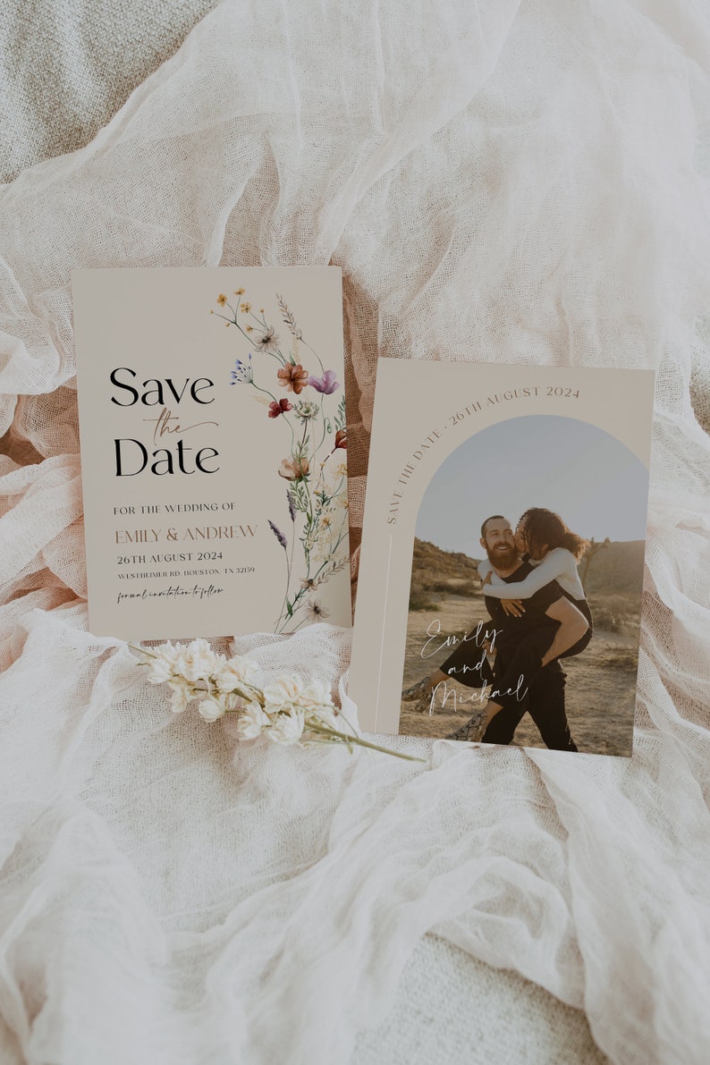 boho beige floral save the date