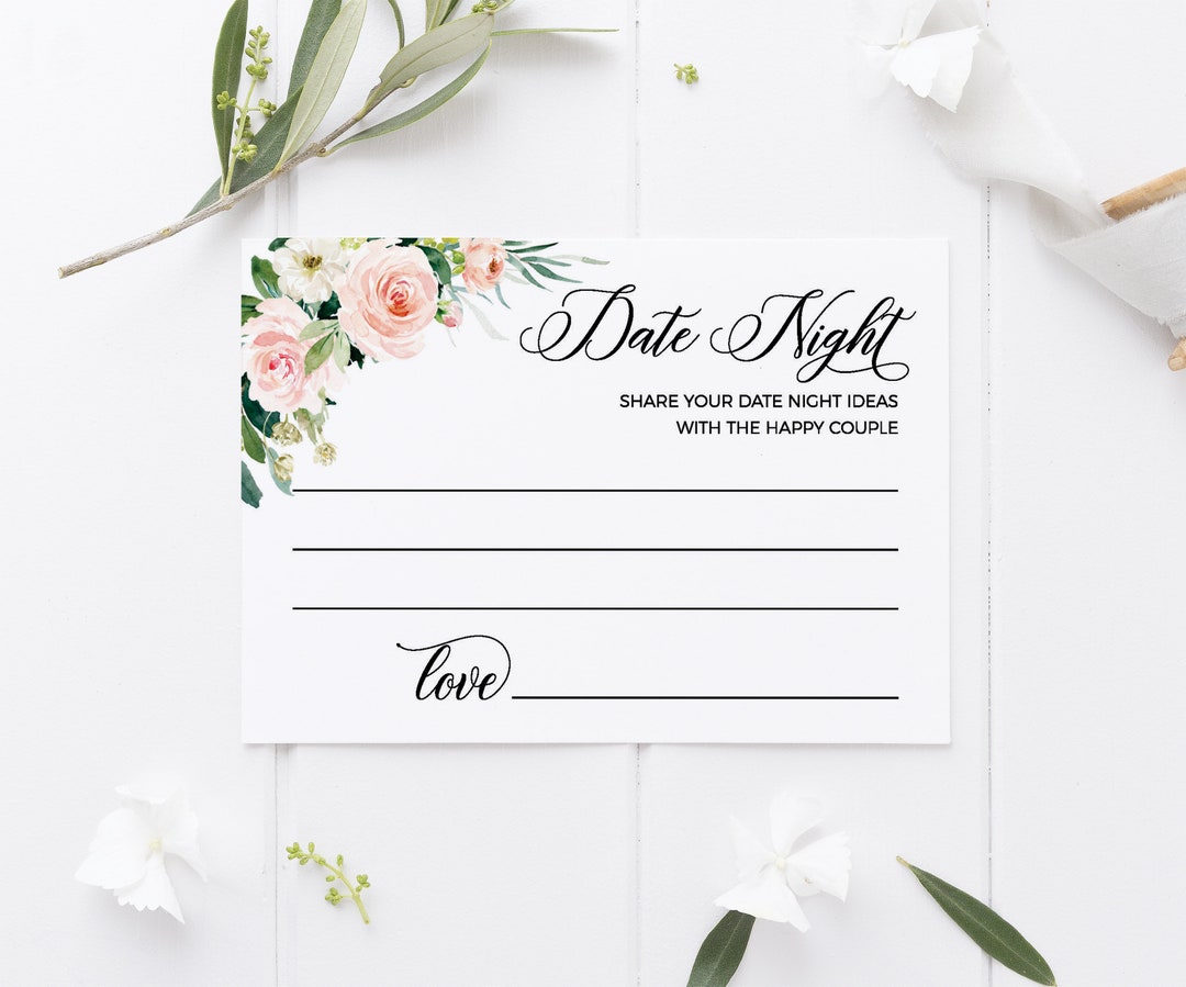 Date Night Cards Template, Date Night Idea Cards, Blush Flowers and ...