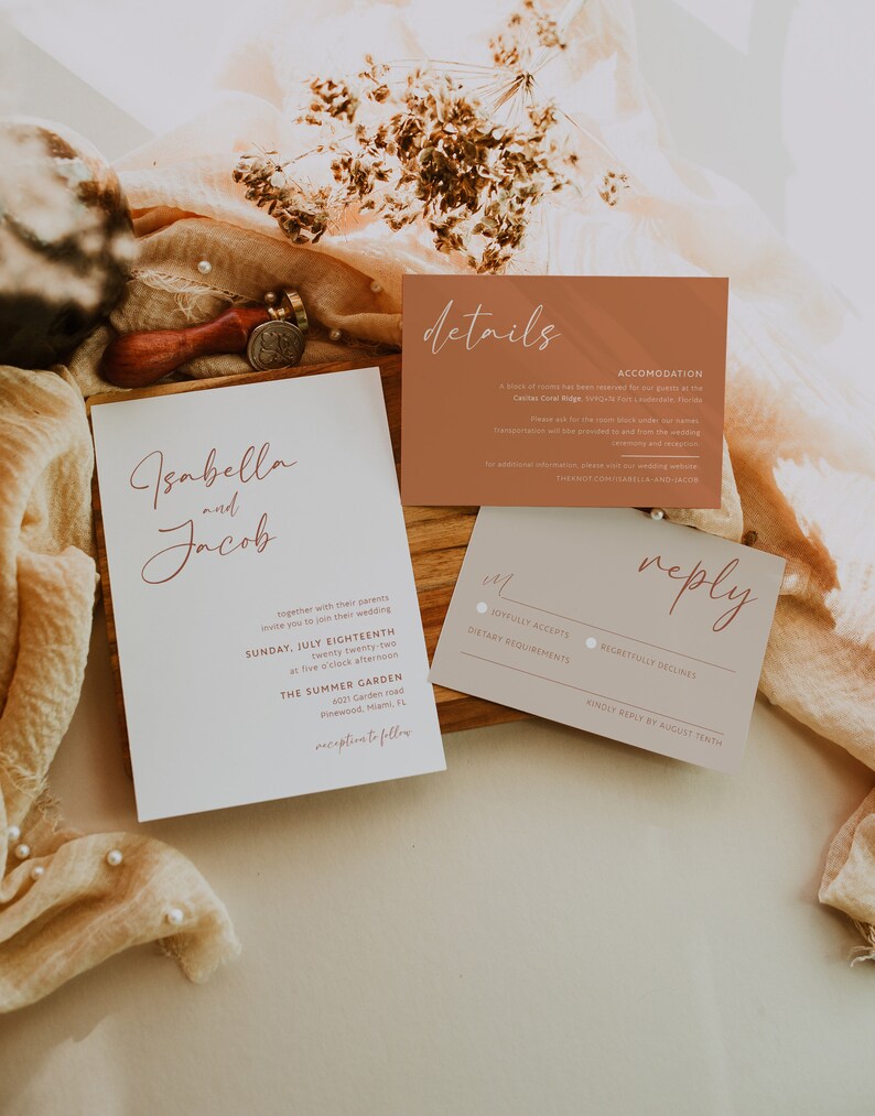 Terracotta wedding invitations, Boho Wedding invitation template with details and rsvp cards, Cinnamon Burnt orange invitations Bella021tr image 2