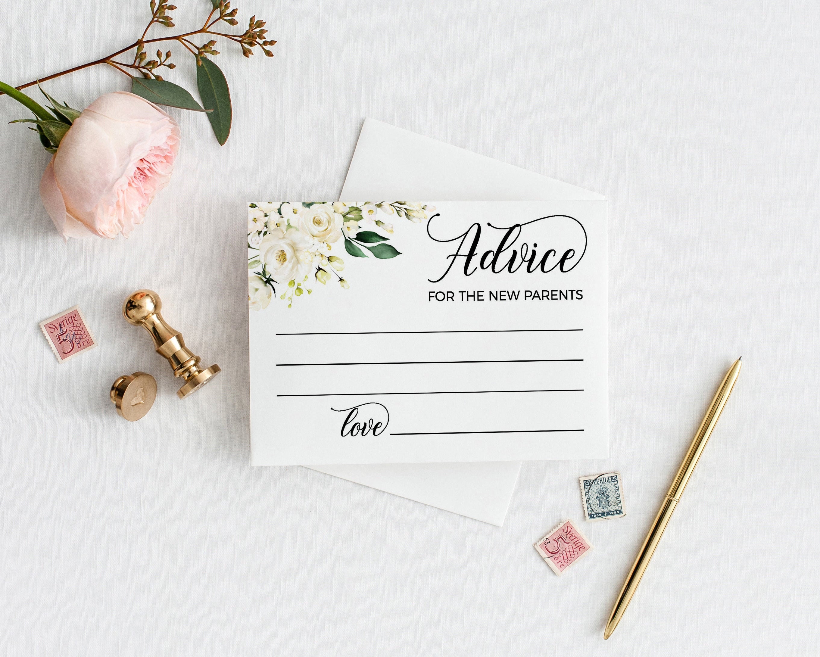 Printable Advice card for new parents with white flowers and | Etsy