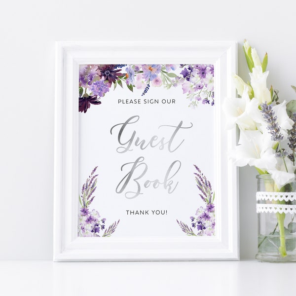 Lavender Guest Book sign, Lavender, purple and silver wedding sign, Lavender wedding sign, Guest Book sign template #lav022