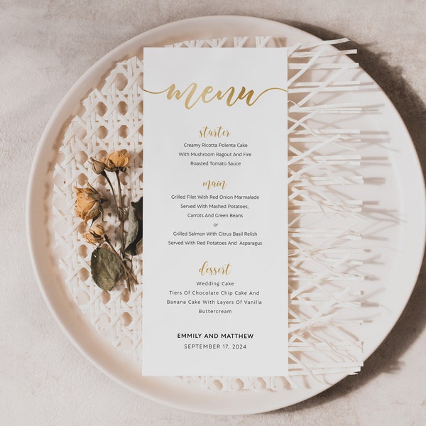 Gold Wedding menu, Gold menu cards template, Wedding Menu template, Self edit template #WBND19GD