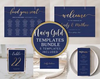 Wedding Bundle Navy, Seating Chart, Welcome Sign, Place cards, Menu template, Table numbers, Navy Gold wedding stationery #NGW019BND