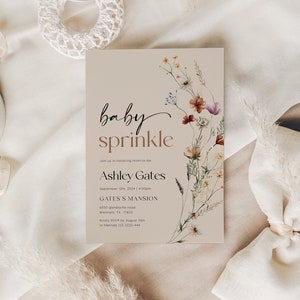 Baby Sprinkle invitation template, Wildflower Baby Sprinkle Invitation, Beige Baby Sprinkle Invitation #Mila