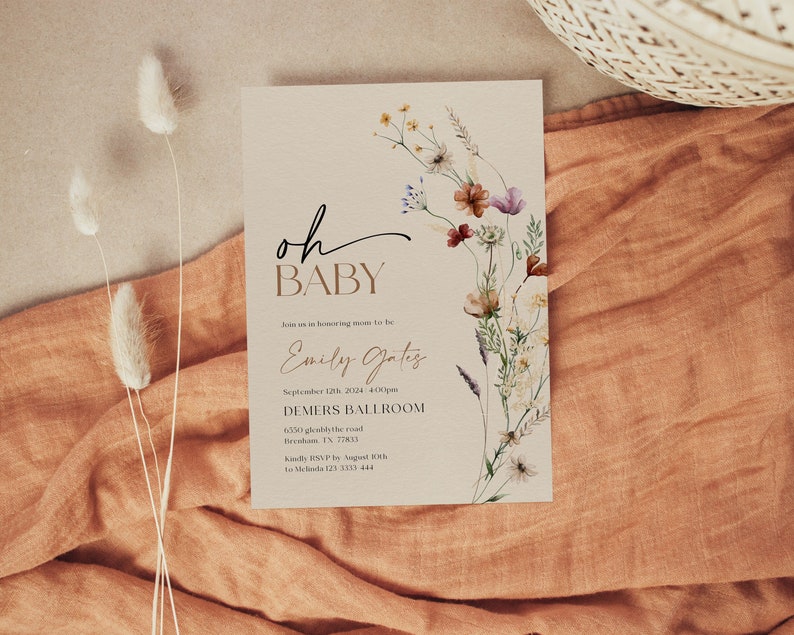 Oh Baby Invitation, Baby Shower Invitation template, Beige Baby Shower Invitation, Wildflower Boho Baby shower Invitation Mila image 1