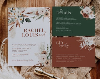 Floral Boho Wedding Invitation, Wedding invitation pampas, Boho Wedding invitation set, Rust, Green, Teraccotta, Invitation template