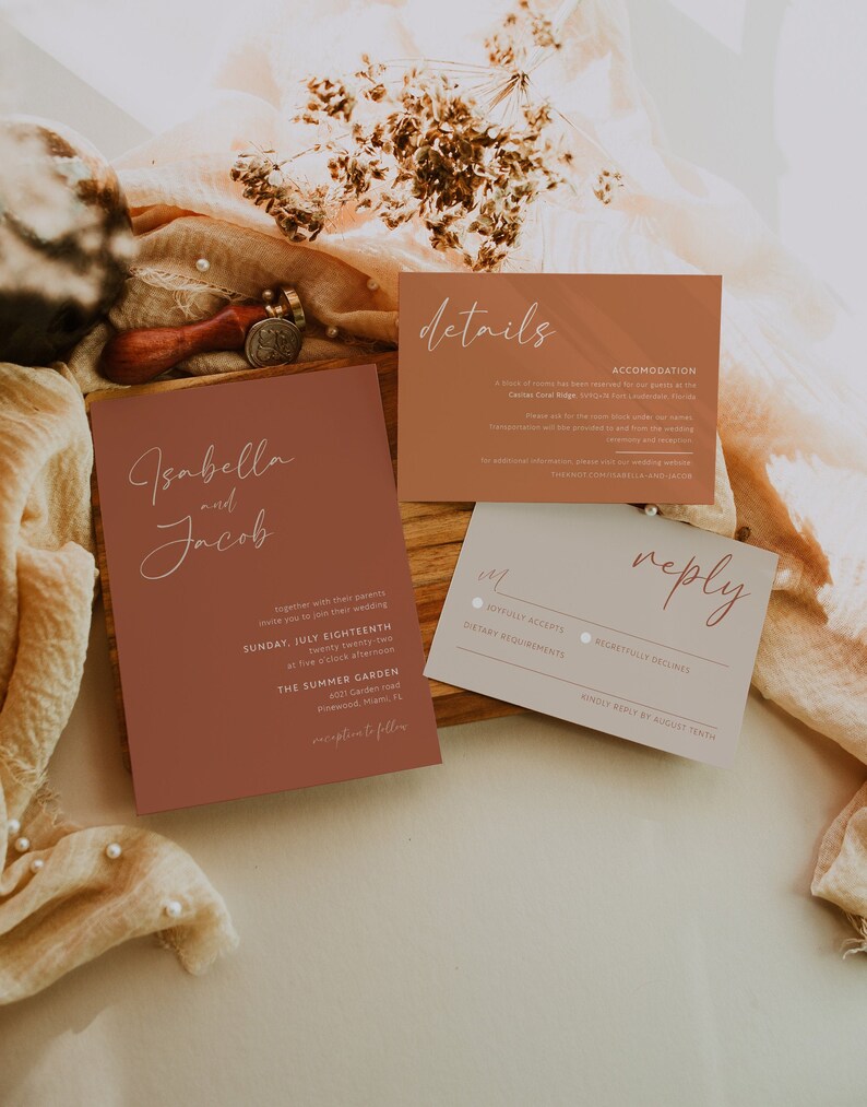 Terracotta wedding invitations, Boho Wedding invitation template with details and rsvp cards, Cinnamon Burnt orange invitations Bella021tr image 1