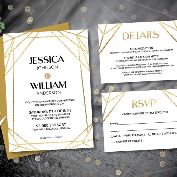 Gold Geometric Wedding Invitation Template Gold Foil Printable Invitation Set - Editable Templates,  Instant Download, Geometric Invitation