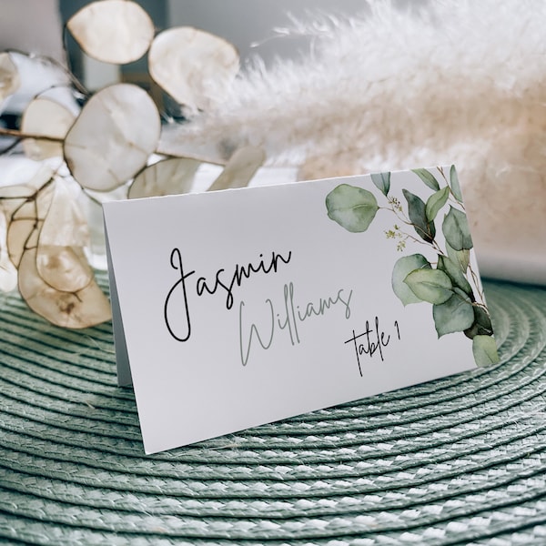 Place cards wedding, Greenery place card template, Name cards template, Greenery eucalyptus wedding program #green022