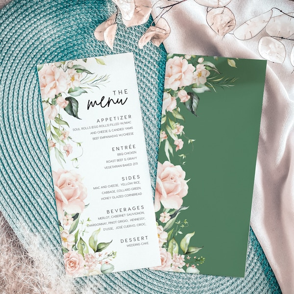 Blush floral menu card template, Wedding menu template, Floral wedding menu, Greenery floral menu cards #Florium