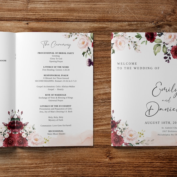 Bifold wedding program, Program template, Wedding program booklet, Burgundy and blush program, Boho wedding template  #LIVIA