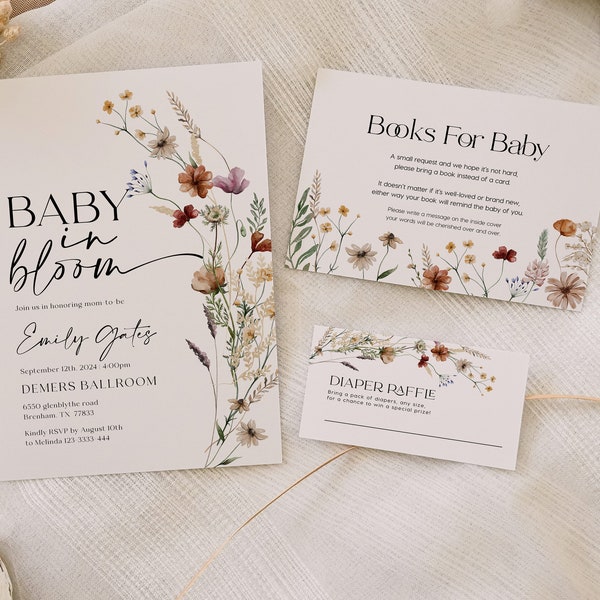 Baby In Bloom invitation set, Baby shower invitation, Books for baby card and Diaper raffle card template, Boho baby Shower #Silvia