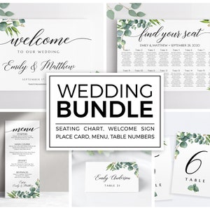 Greenery wedding bundle, Seating chart sign, Welcome sign, Menu, Place cards, Table numbers, Eucalyptus wedding stationery EUC020 image 1