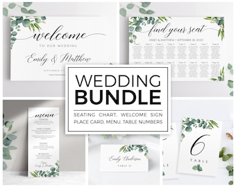 Greenery wedding bundle,  Seating chart sign, Welcome sign, Menu, Place cards, Table numbers, Eucalyptus wedding stationery #EUC020