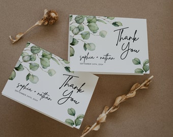 Floral Greenery Thank you cards, wedding thank you cards, Boho thank you card template with greenery eucalyptus foliage #green022