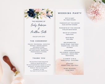 Wedding program template, Navy and blush program, Floral wedding program  #NVB020WBD