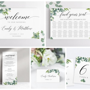 Greenery wedding bundle, Seating chart sign, Welcome sign, Menu, Place cards, Table numbers, Eucalyptus wedding stationery EUC020 image 2