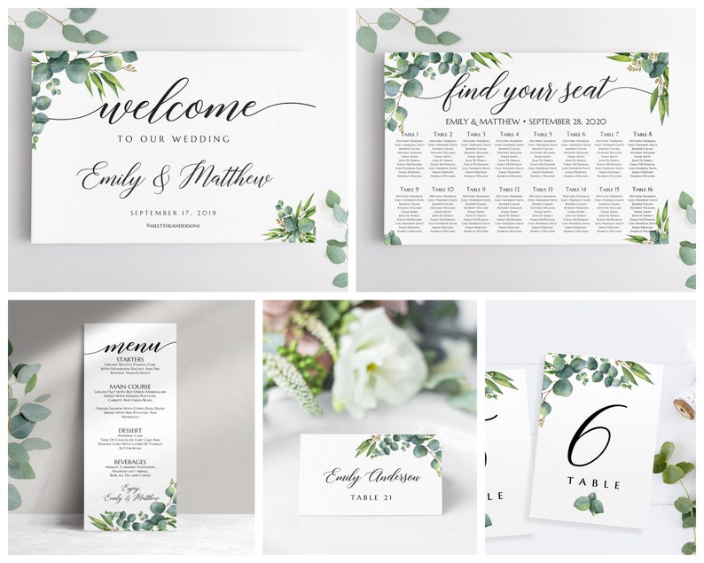 Greenery wedding bundle, Seating chart sign, Welcome sign, Menu, Place cards, Table numbers, Eucalyptus wedding stationery EUC020 image 2