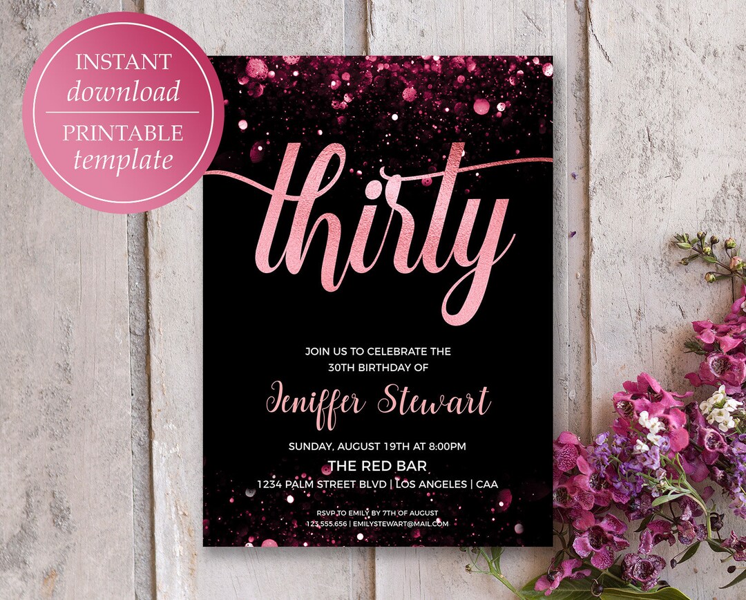 Printable Rose Gold Birthday Invitation Template Thirty Birthday ...