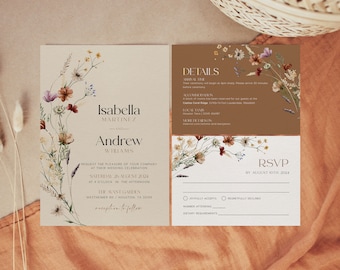 Ensemble de faire-part de mariage fleurs sauvages, faire-part de mariage beige, ensemble d'invitations florales bohèmes, modèle numérique d'invitation de mariage #Mila