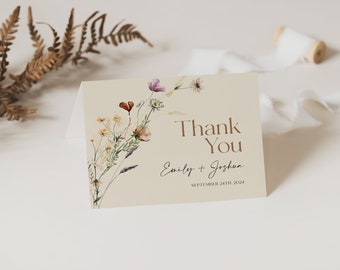 Beige Thank You card, Floral Thank You card template, Boho wildflower wedding stationery #Mila