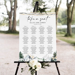 Seating chart template, Wedding seating chart sign, Greenery wedding sign, Mountains and pine forest theme with gold #MNT022VSD