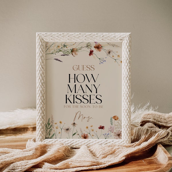 How Many Kisses Sign, Bridal Shower Guess How Many Kisses sign, How Many Kisses game,  Wildflower Beige Bridal Shower stationery  #Mila